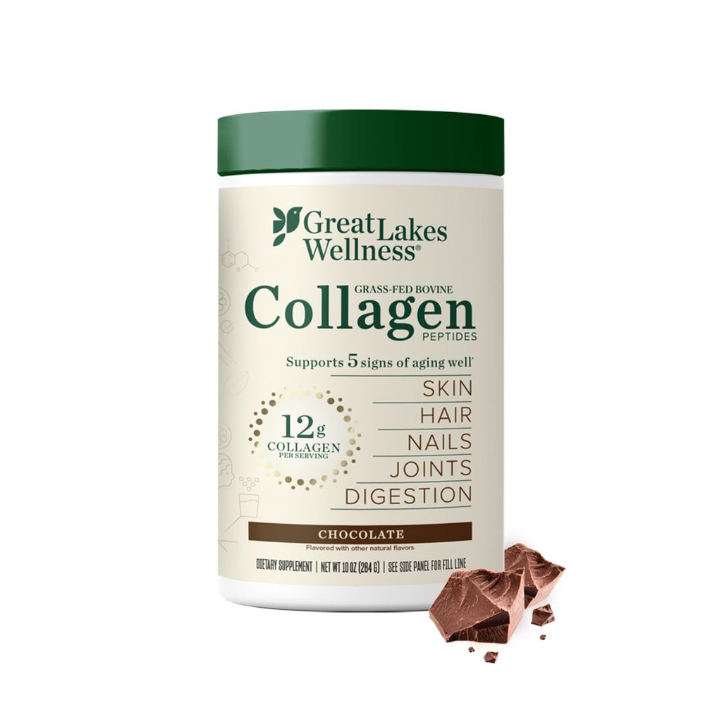 Great Lakes Wellness Collage Peptides Powder for hud, hår, negler, joints & Digestion - Sjokoladeflavorert - rask oppløsning Hydrolysert, ikke-GMO, Kosher - 10 oz