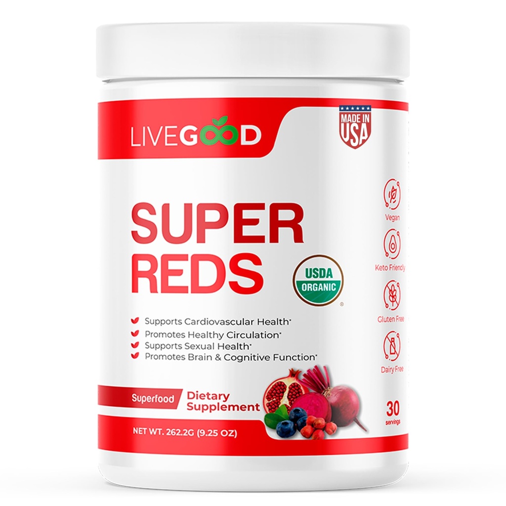 LIVEGODTM Organic Super Reds med Alfalfa, Barley Grass, Beet Root, Pomegranitt, Grapefrø, Vegansk, Glutenfri, 9,25 Oz