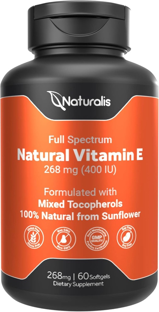 Naturalis Sunflower Vitamin E 268mg (400 IU) med blandede tokoferoler | essensiell hudvitamin & immun støtte | Ikke-GMO, Soja & Glutenfri | 60 Softgels