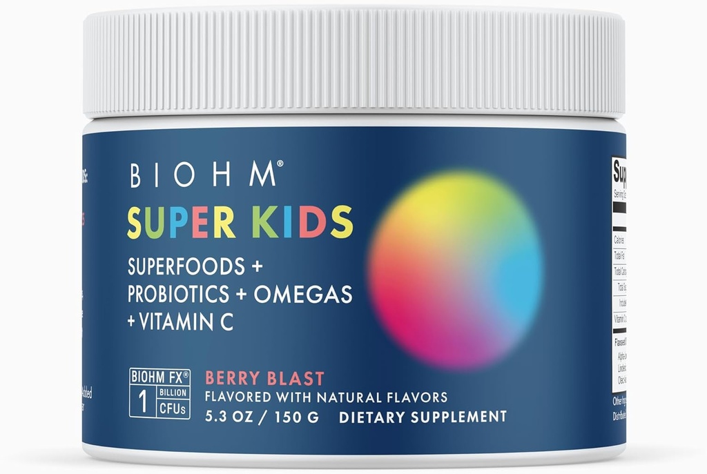 BIOHM Super Kids Superfood Powder Plus Probiotika, (5.3 Oz, 30 Serveringer) Delicious Berry Blast, Antioksidanter, Omega 3 & Vitamin C, Ikke-GMO, Dairy Free, Ingen kunstige ingredienser, Vegetarisk, Alder 4+
