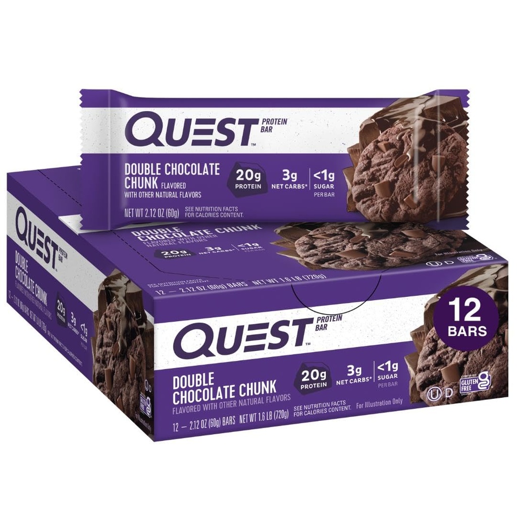 Quest Ernæring Double Chokolade Chunk Protein Bars, 20g Protein Bars, 1g Sukker, 4g Netto Carb, Glutenfri, Keto Vennlig, 12 Count