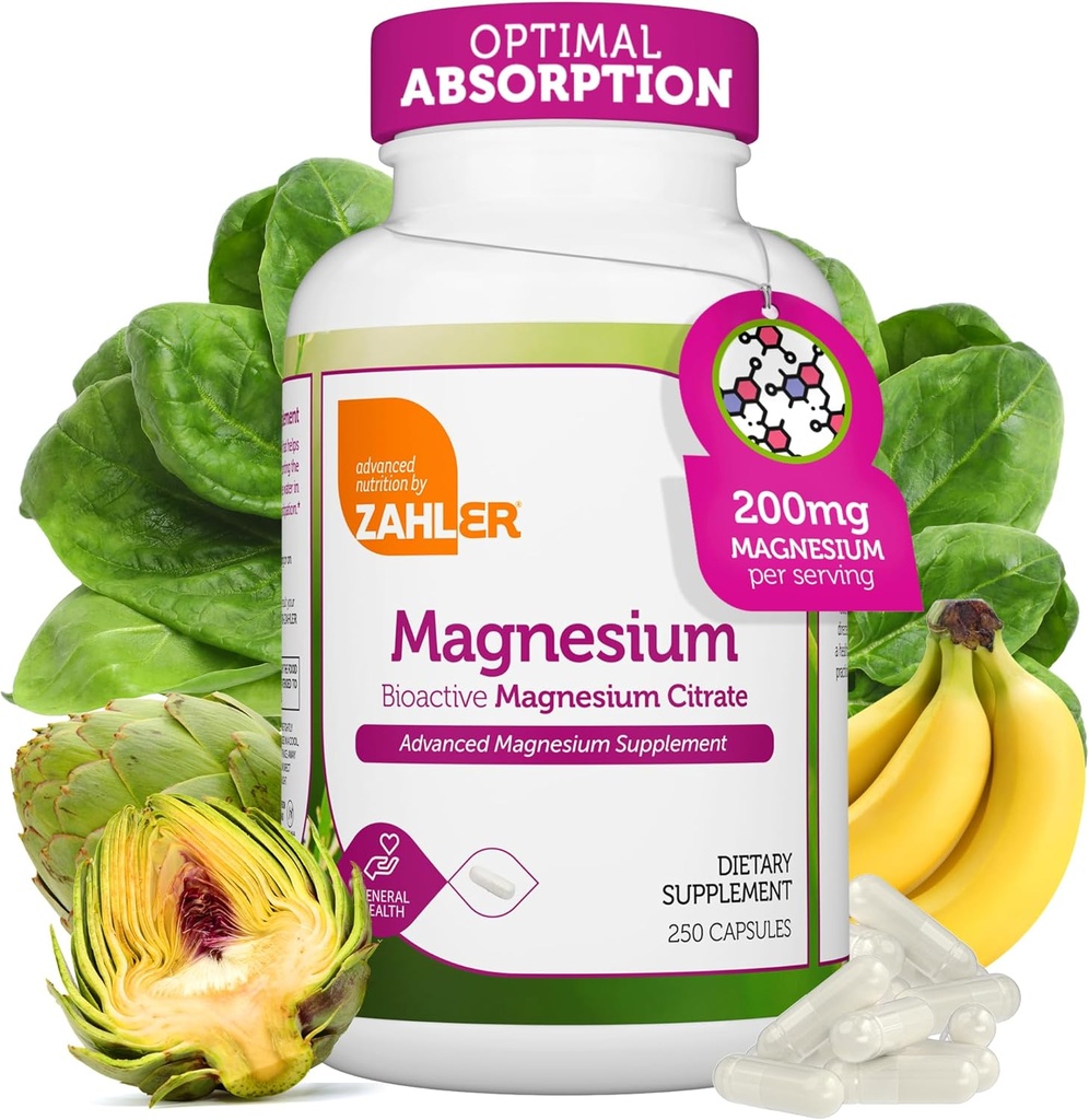 Zahler - Magnesium Supplement Kapsler 200 mg (250 greve) Certified Kosher Bioactive Magnesium Citrat for Max Absorpsjon - Naturlig Magnesium Mineral for menn og kvinner - Beste Magnesium Supplements