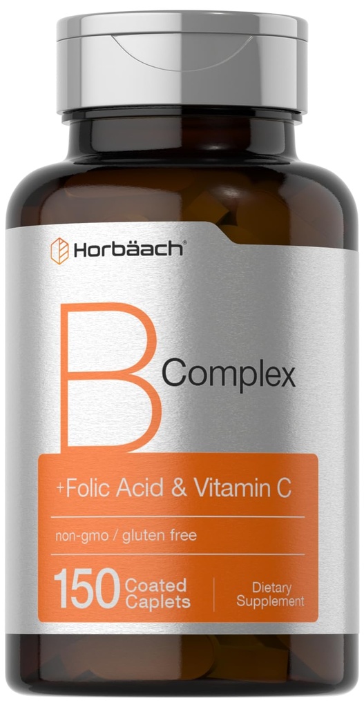 Horbaach B Complex Vitaminer for kvinner og menn | 150 kapler | med folsyre & vitamin C | Ikke-GMO & Glutenfri Supplement