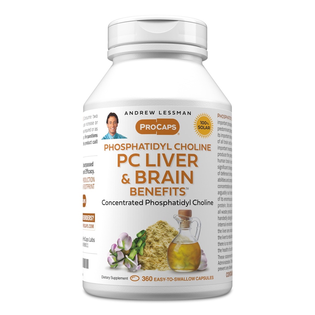 ANDREW LESSMAN PC Lever og hjerne fordeler 360 Softgels - Fosfatidylkolin, viktigste byggeblokk for sunn lever og hjernestruktur, funksjon. Ingen additiver. Lett å svelge Softgels