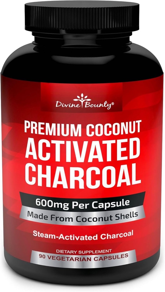 Divine Bounty Organic Aktivert Charcoal Kapsler - 600 mg Coconut Charcoal piller - 90 Veggie Caps
