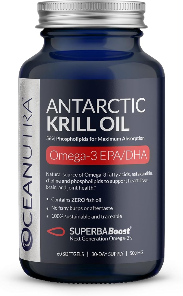 Wild Caught Antarctic Krill Oil 500MG, 60 Softgels, SuperbaBoost Omega 3 Supplement, EPA & DHA, Astaxanthin, Choline, 56% Fosfolipider, bærekraftig, Sporbar, Ingen fiskeolje, Vanilla Flavor