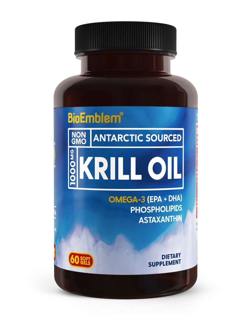 BioEmblem Antarctic Krill Oil Supplement | 1000mg | Omega-3 Olje med høyt nivå av EPA + DHA, Astaxanthin og Fosfolipider | No Fishy Aftertaste | 60-Count Non-GMO Softgels