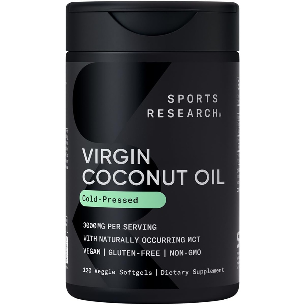 Sports Research® Organic Coconut Oil Capsules 3000MG - Cold Pressed Extra Jomfru Coconut Oil med middels kjede Triglyserider (MCT) - Veganvennlig og ikke-GMO Verifisert - 120 Softgels
