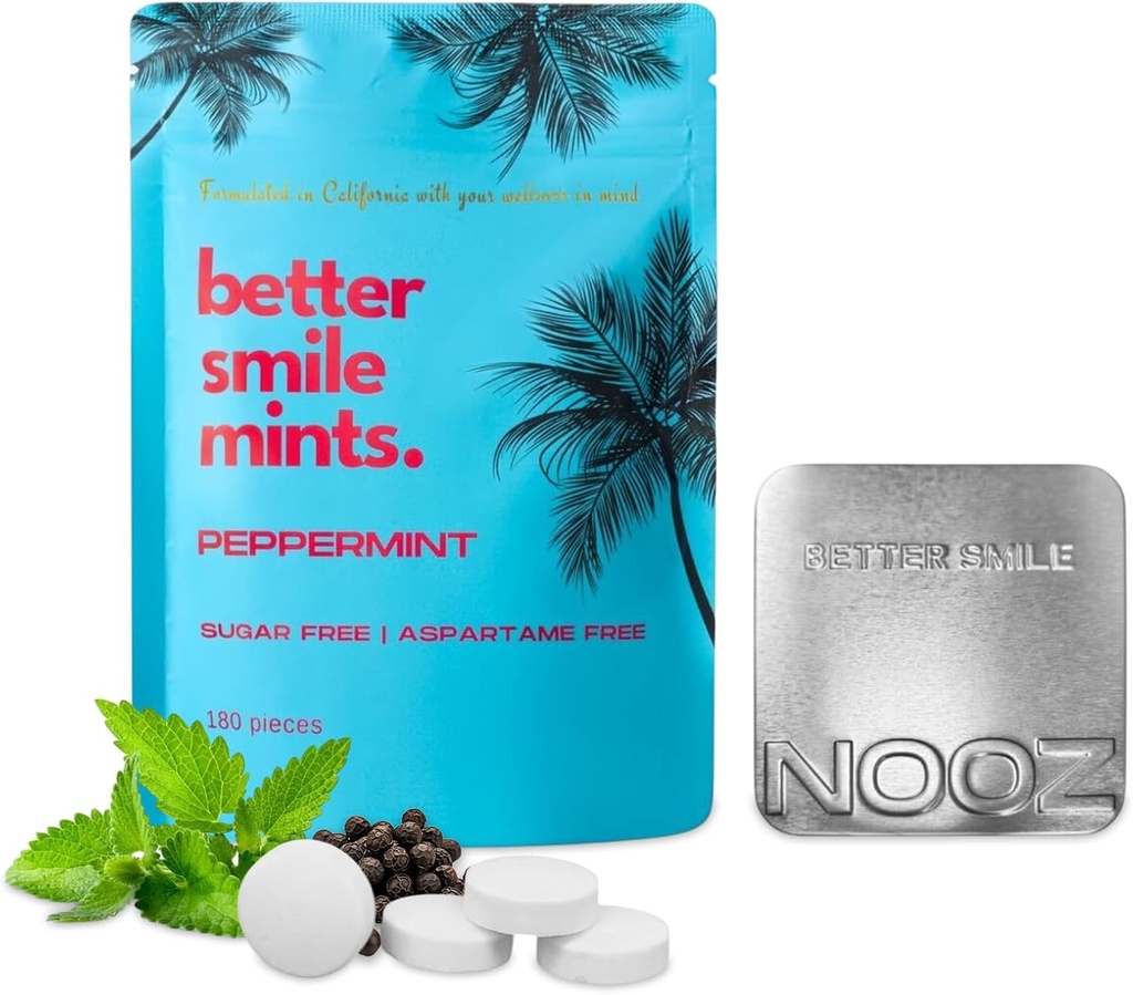 NOOZ Bedre smil mynter – 180 greve Oral Helse og frisk puste støtte | Gum & tenner omsorg, pH-balanse | sukker-fri, aspartam-fri | Peppermynte Flavor | Inkluderer Premium fyllelig Tin