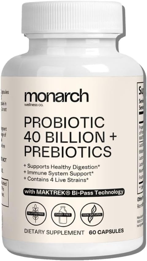 Probiotiske 40 milliarder + Prebiotika: 4 Diverse Strains - Digestiv & Gut Helse (60 Kapsler) - Probiotika For kvinner og menn - Naturlig Gut Helse & Immune Support Supplement
