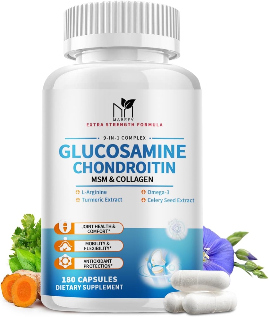 Glukosamine Chondroitin MSM kapsler, Glukosamin 1500 mg med collagen, gurkemeie, ledd kosttilskudd for menn,180 kapsler