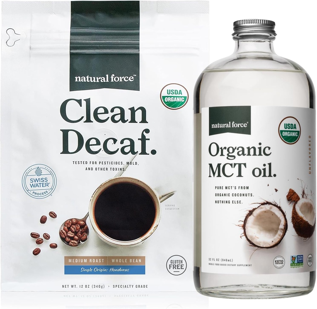 Natural Force Organic Clean Decaf Coffee + Organic MCT Oil Bundle - 100% ren kokosnøtt MCTs & Mold & Mycotoksin Gratis kaffe – Ikke-GMO, Keto, Paleo og Vegan - 12 Oz og 32 Oz