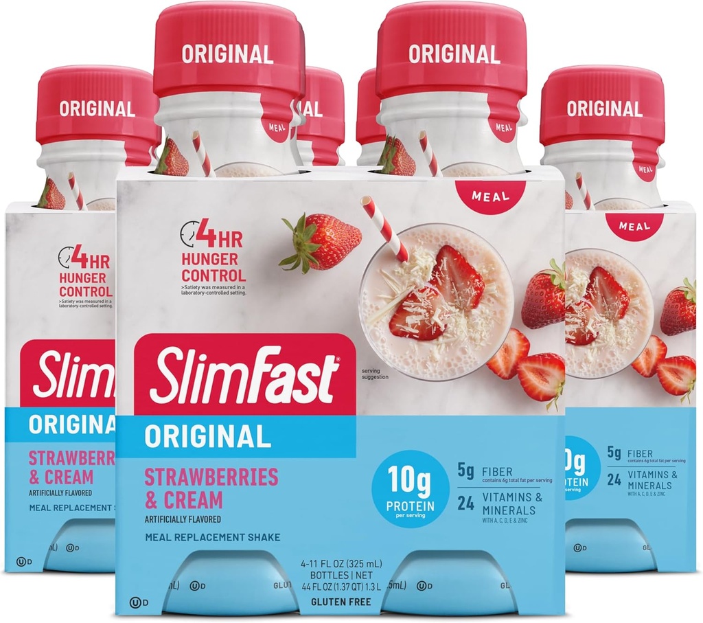SlimFast Meal Replacement Shake, Original Strawberry & Cream, 10g Klar til å drikke Protein For Vekttap, 11 Fl. Oz Flaske, 4 greve (Pack of 3) (Packing May Vary)