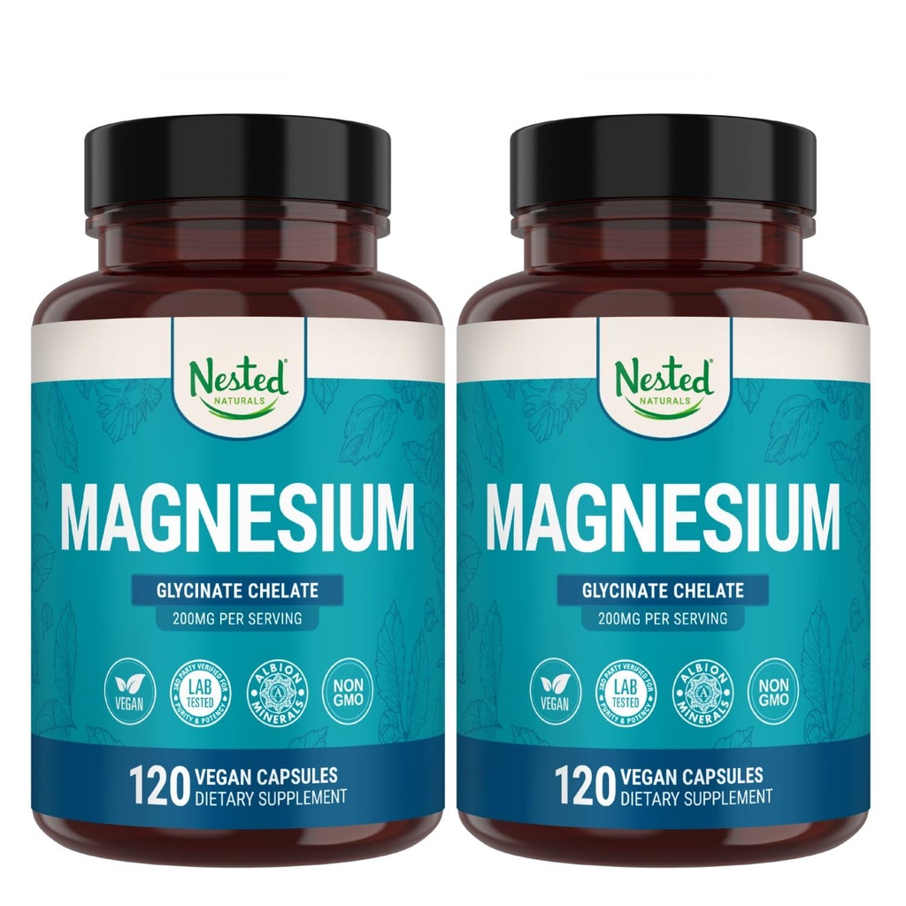 Nest Naturals Magnesium Glycinate Chelat - 200 mg Chelated Magnesium Supplement for muskelkramper, avslapning og søvnstøtte - 100% Albion TRACCS Buffered Magnesium Glycinate - 240 Vegan Capsules
