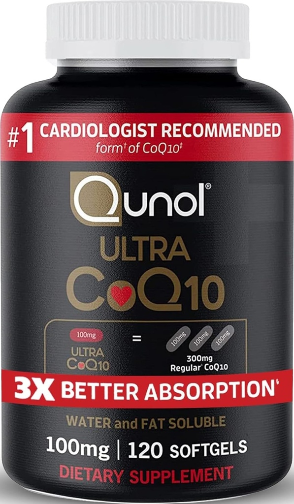 Qunol Ultra CoQ10 100mg, 3x bedre absorpsjon, patentert vann og fett oppløselig naturlig kosttilskudd form av koenzym Q10, antioksidant for hjertehelse, 120 tel Softgels
