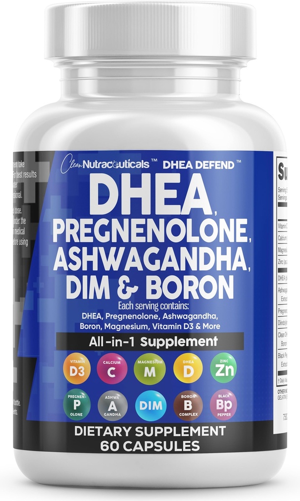 DHEA 200mg Supplement Pregnonolone 100mg for menn og kvinner med DIM Ashwagandha Bor 6mg Complex Kalsium Magnesium Sink 50mg vitamin D3 5000 IU Hormon støtte piller laget i USA 60 greve