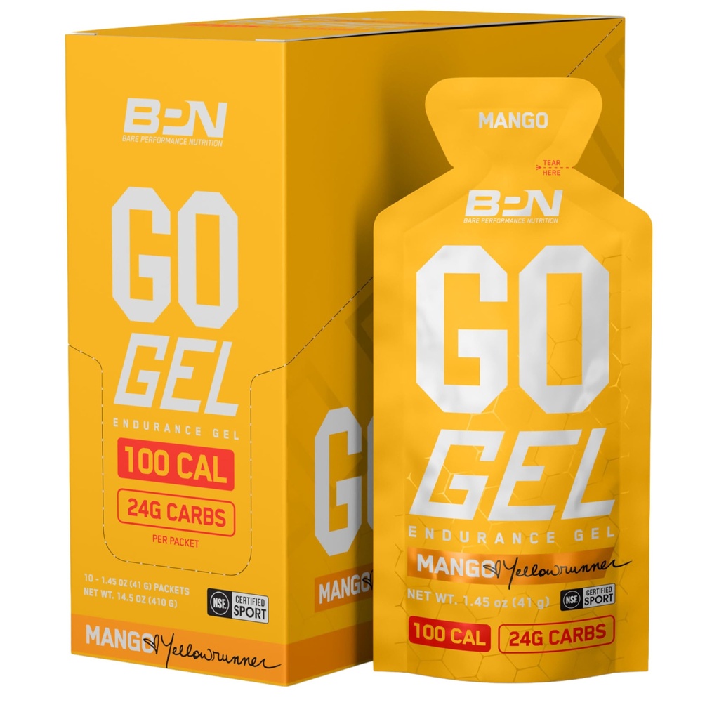 BARE PERFORMANCE NUTRITION, BPN Go Gel Endurance, 24g karbohydrater og 100 kalorier per pakke, Vegan + Glutenfri Running Gel, 10 Single-Serving Packs, Mango