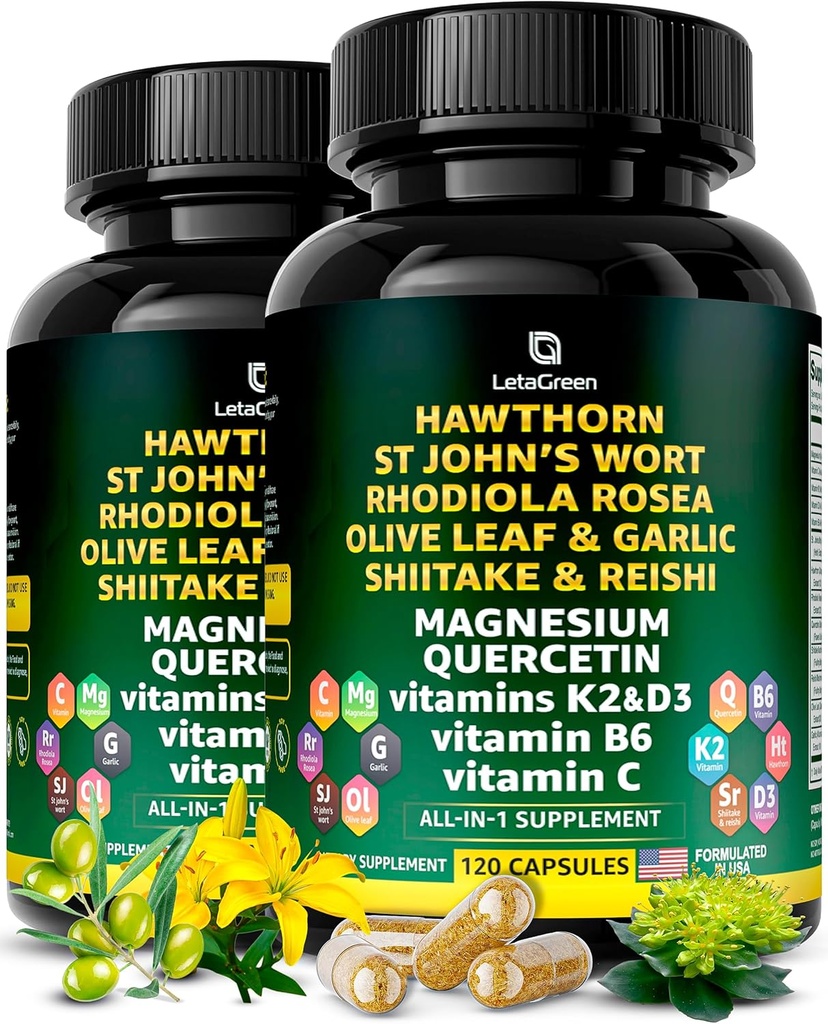 Organic Hawthorn Berry Capsules - Hawthorn Berry med St Johns Wort Rhodiola Rosea Olive Leaf Shiitake Reishi Mushroom Quercetin & Vitamin C, D3, K2, B6 & Magnesium (240 Count)