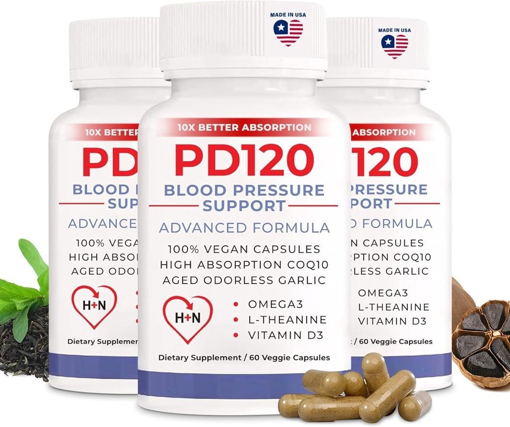 Blood Pressure Supplement for å bidra til å redusere høyt blodtrykk naturlig, CoQ10, Nitric Oxid, Svart Odorless Aged Whitelic, Omega 3, L-theanin, vitamin D3 for blodtrykksstøtte