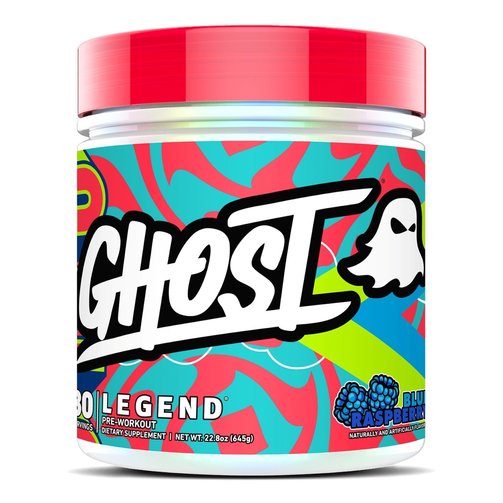 GHOST Legend Pre-Workout pulver, blå bringebær - 30 Serveringer - Forhåndsarbeid for menn og kvinner med Choline, L-Citrulline, & Beta Alanine for energi og fokus