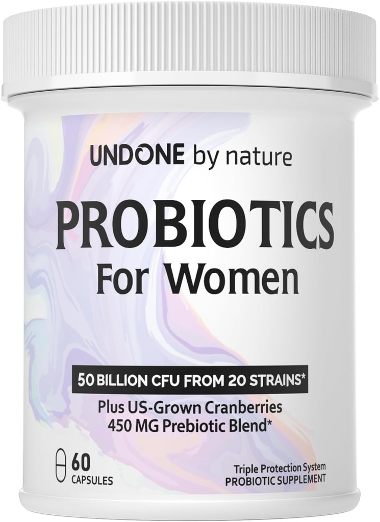 Probiotika for kvinner, 50 milliarder CFU kvinners probiotika med prebiotika, pluss US-Grown Cranberry, GI-støtte, kvinners helse, trippelbeskyttelsessystem, forsinket frigjøring, 60 kapsler