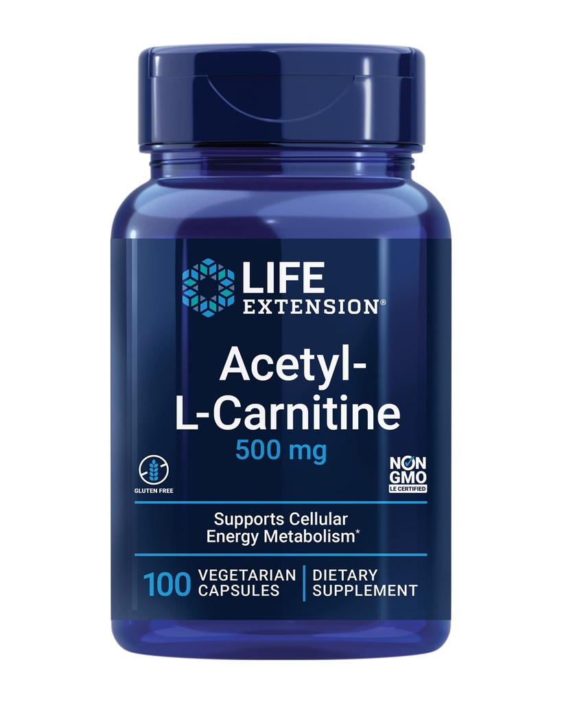 Livsforlengelse Acetyl-L-karnitin, Acetyl-L-karnitin, Vitamin C, Hjerne, Mood & Nerve Helse, Cellulær energi, 3-måneders forsyning, Glutenfri, Ikke-GMO, Vegetarisk, 100 kapsler