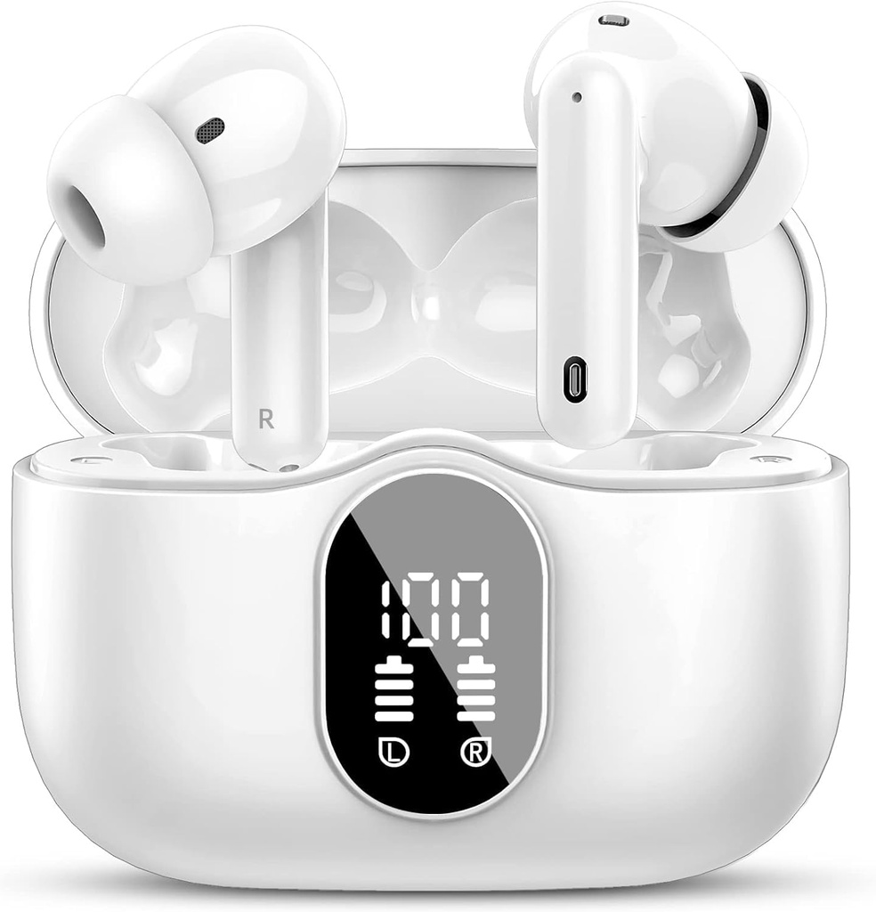 Btotos Trådløs ørepropp Bluetooth 5.4 Hodetelefoner Bass Stereo ørepropper med støy som kansellerer Mic LED-skjerm i øret øretelefoner IP7 Vanntett 36H Spilletid for Laptop pad-telefoner Sport Trening Hvit
