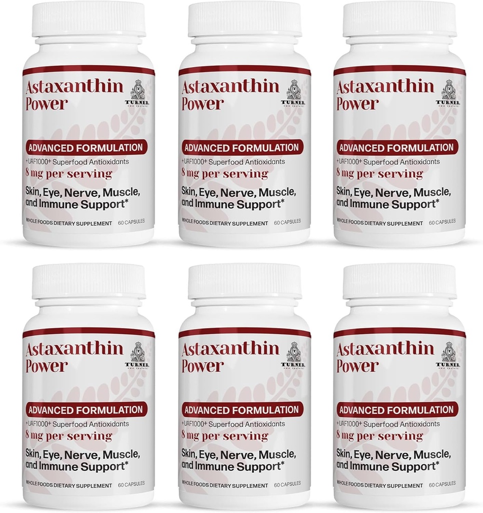 TURNER New Zealand Astaxanthin Power med UAF1000+, Anti-Aging, Hud, Øye, Nerve, Muskelgjenvinning, Immunstøtte Antioksidant Supplement, 12 mg Astaxanthin, 180 serveringer, 6 flasker