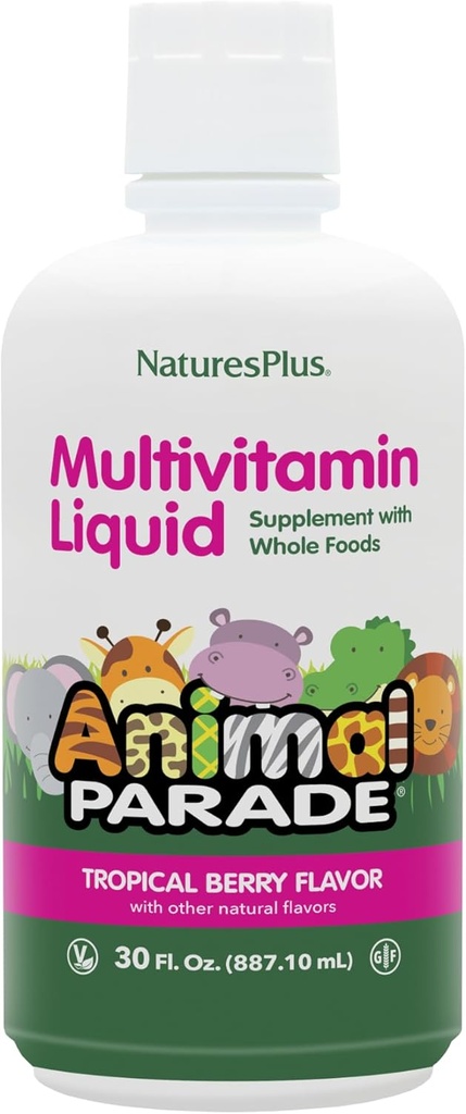 NaturesPlus Animal Parade Kilde til livets flytende multivitamin - Tropisk Berry Flavor - 30 fl oz - Hele mattilskudd - Vegetarisk, Glutenfri - 60 Serveringer