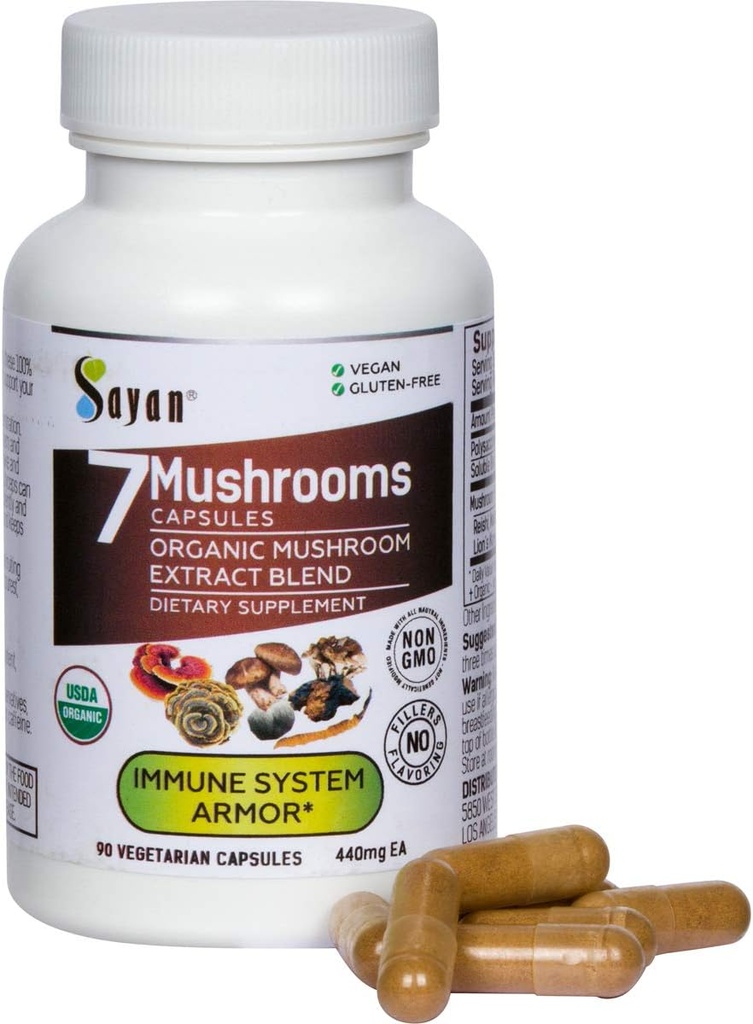 Sayan 7 Mushroom Extract 90 Kapsler/440mg ea – Immunstøtte & energi – Organisk Chaga, Reishi, Lion's Mane, Maitake, Shiitake, Tyrkia Tail Adaptogen blanding – Vegansk, ikke-GMO, Ingen fyllstoffer eller tilsetningsmidler