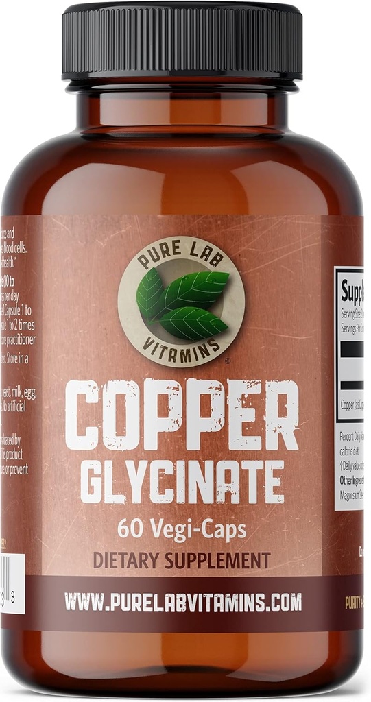 Pure Lab Vitaminer Kobber Glycinate Mineral Supplement -1 mg - 60 Vegan Caps Essential for kollagen produksjon, støtter immunsystem & rød blodcelle formasjon - Glutenfri laget i Canada