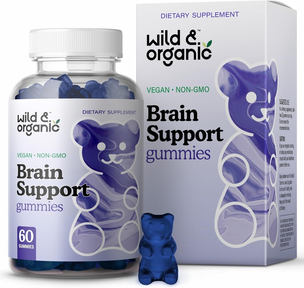 Wild & Organic Brain Support Gummies - Fokus Supplement w/Ashwagandha Root, Vitamin B12, Ginkgo Biloba, Bacopa - Vegansk Chews for Klarhet og Produktivitet - 60 Brain Gummies