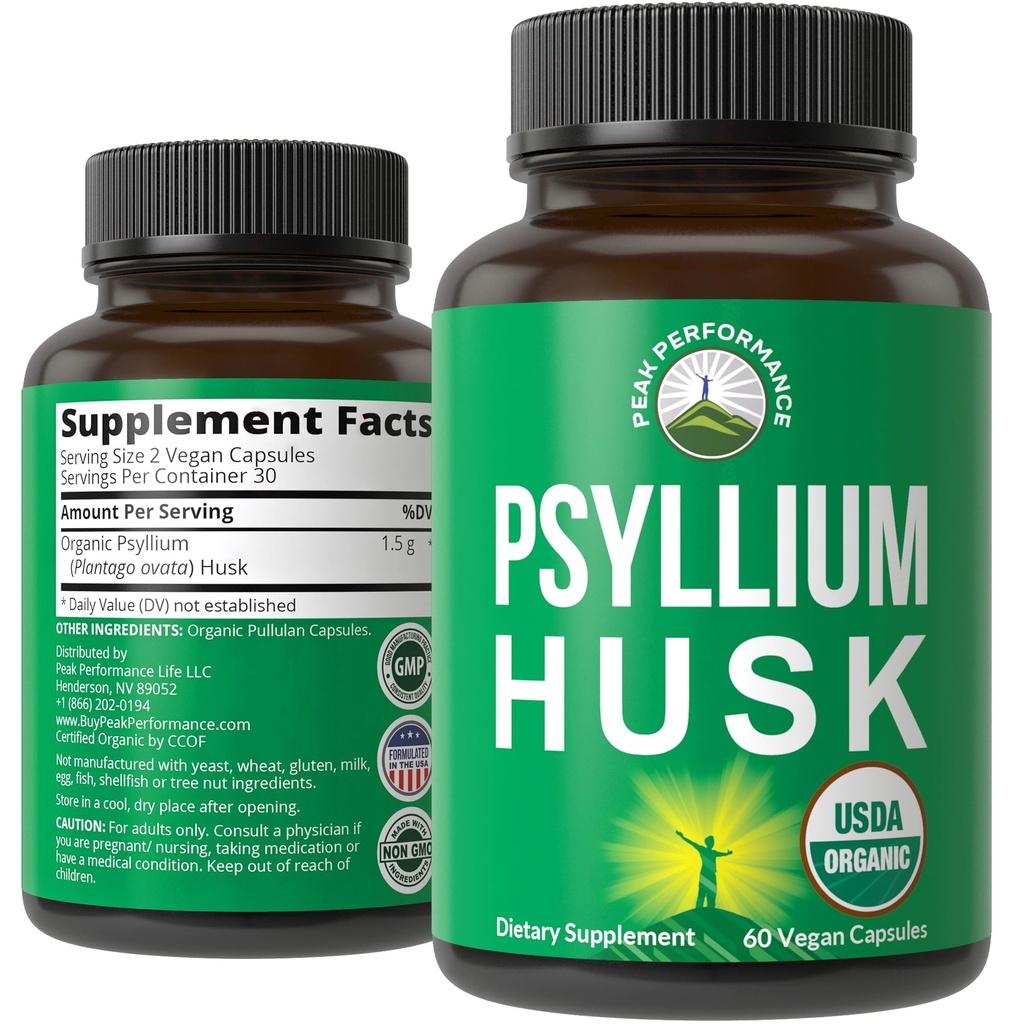 USDA Organic Psyllium Husk Vegan kapsler laget med organisk Psyllium Husk Seed. Fiber Supplement for Gut. Digestive Prebiotika. Piller for digestion, rått uten å bli blåst. Tabletter