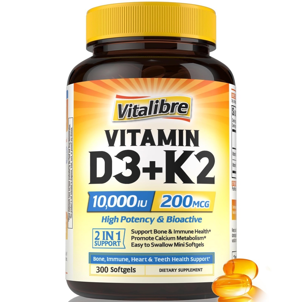 Vitamin D3 K2 Supplement, 10000 IU D3 / 200 mcg K2 MK7, kalsiumabsorpsjon, Bein, hjerte, immun & humør støtte, forbedret absorpsjon, ingen soya, lett å svelge, 300 Softgels