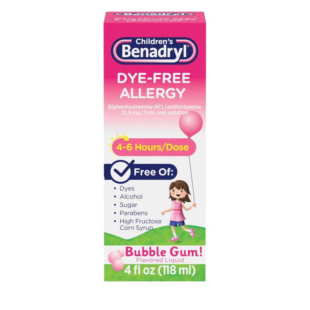 Barns Benadryl Dye-fri Allergi Relief væske + 12,5 mg Diphenhydramine HCl, Antihistaminer Allergi medisin for barn hjelper Relieve Runny Nese & Sneezing, Bubble Gum Flavor, 4 fl oz