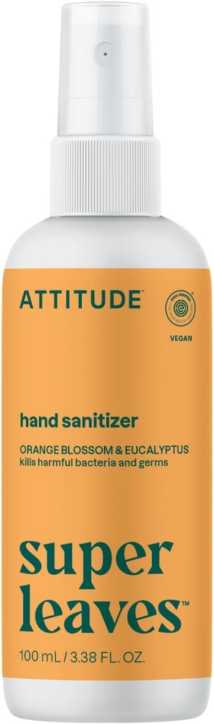 ATTITUDE hånd sanitasjonssprøyte for voksne og barn, EWG verifisert, dreper bakterier og gems, Vegan, oransje Blossom & Eucalyptus, 3.38 Fl Oz (sprayflaske)