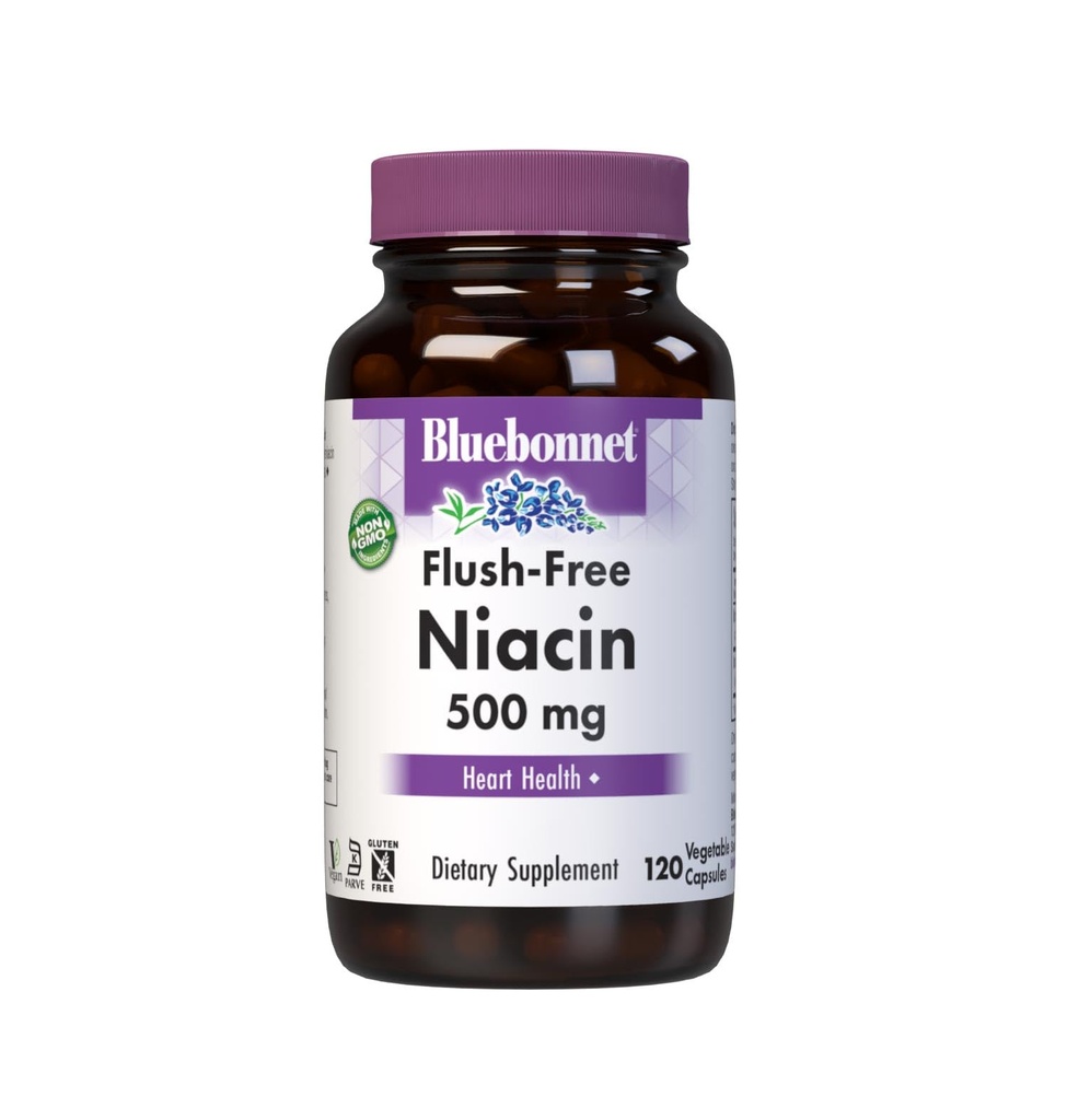 BlueBonnet Ernæring Flush-Free Niacin 500mg, for ernæringsmessig kardiovaskulær støtte Grønnsaker Capsules, Soya / Dairy / Glutenfri, Ikke-GMO, Kosher Certified, Vegansk, Hvit, 120 greve