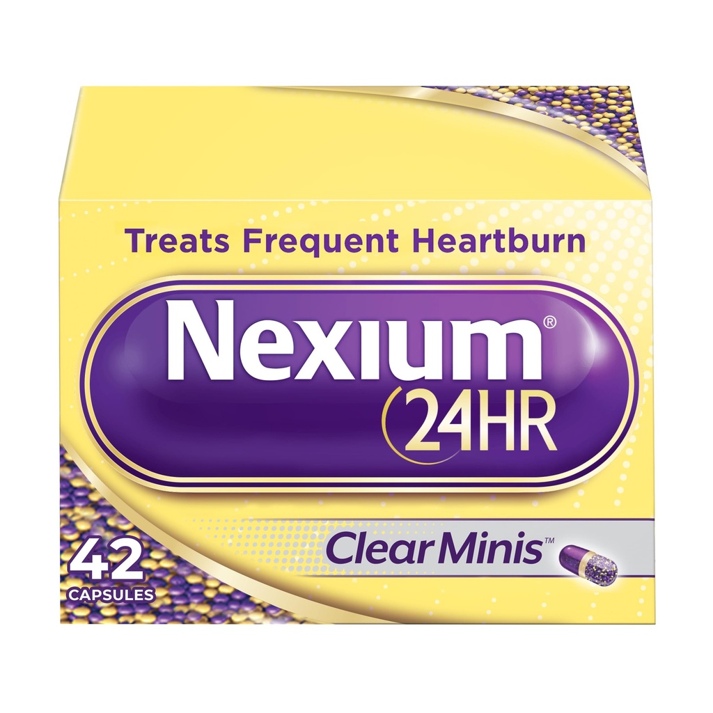 Nexium 24HR ClearMinis Acid Reduser Heartburn Relief forsinket releasekapsler for hele dagen og all-Night beskyttelse fra hyppig halsbrann, Heartburn medisin med Esomeprazol Magnesium - 42 teller
