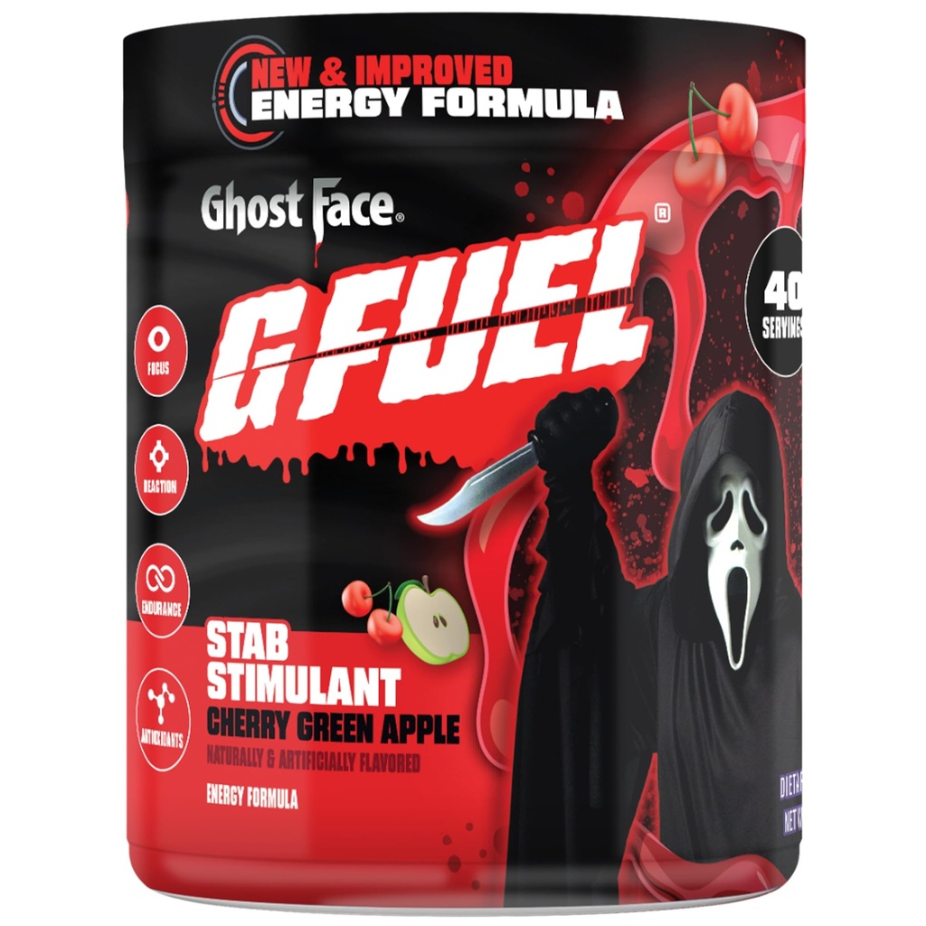 G Drivstof Ghost Face Energi Drikkepulver, Pre Workout Koffein Mix for spill, Sukker Free Focus Amino, Vitamin + Antioksidanter, 9,9oz (Cherry Green Apple, 40 Serveringer)
