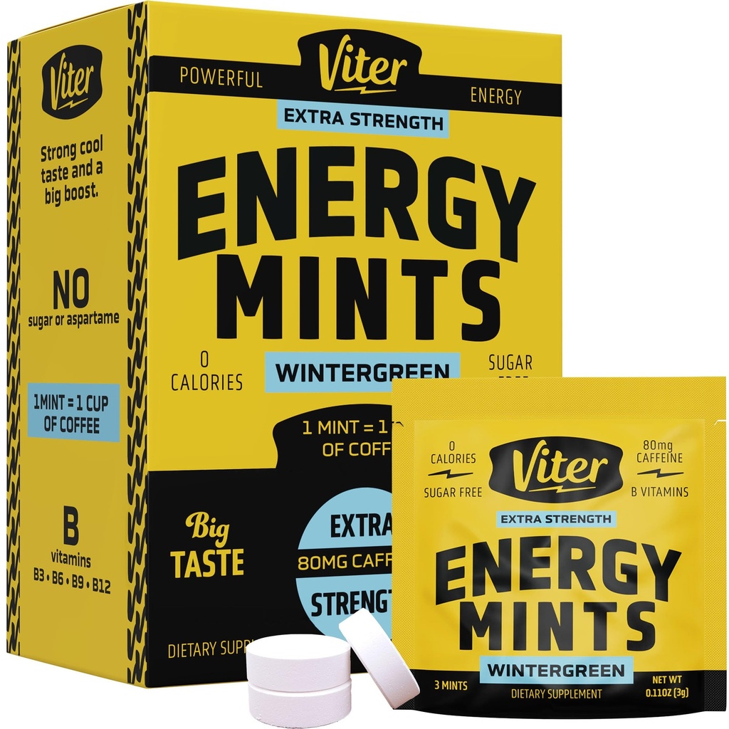 Viter Energi Koffein Mints 80 mg Ekstra styrke - 90 stykker koffeinert med B-vitaminer. Sukkerfri vegansk puste Mint. Energize Nootropic Focus Booster for rask varsling (Wintergreen Flavor, 30 Pack)