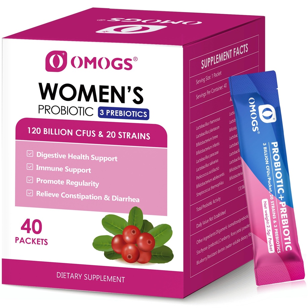 OMOGS Women's Probiotic, 120-million-CFUs, 18 Strains, med 3 Prebiotika og Cranberry Extract, Hjelp for immunforsterkning, Digestiv helse, Gut helse og Vaginal helse