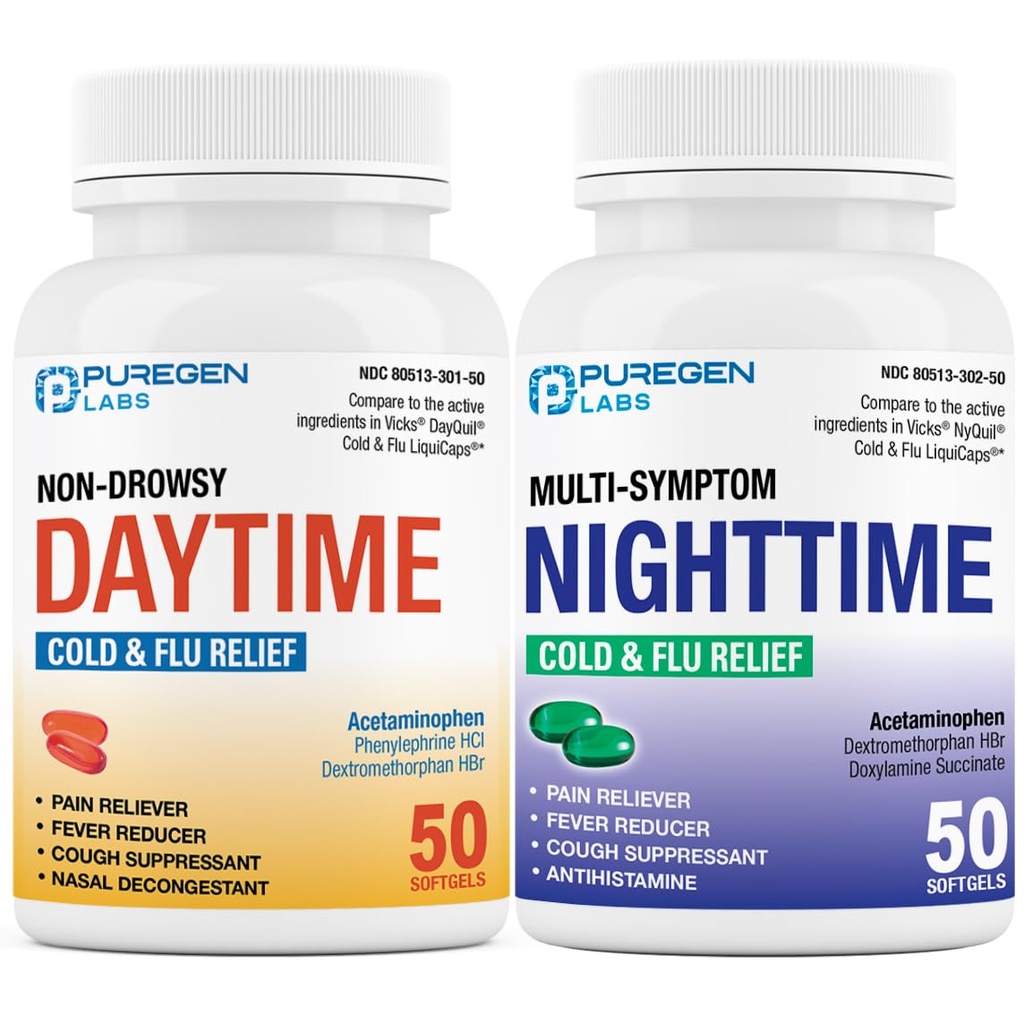 Puregen Labs Daytime og Nighttime Combo Pack, Cold and Flue Relief Medicine | Kraftig multi-Symptom dagtid og natttid Relief for hodepine, feber, Sore Throat, Cough, Congestion og akser