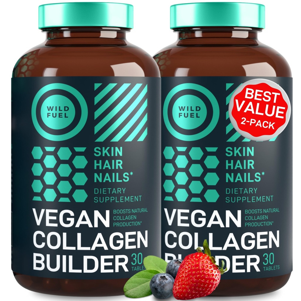 Vegan collagen Booster tabletter - Cruelty-free vegansk kollagen kosttilskudd - Biotin, organisk supermat, plantebasert collagen vitaminer for hud, hår, negler - 2-pakke, 60 vegeterisk collagen boost piller