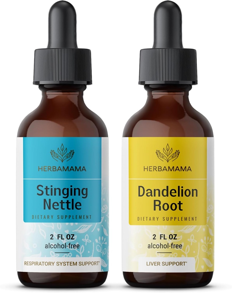 HERBAMAMA Herbal flytende dråper Kit - Bundle of Stinging Nettle & Dandelion Root Tinkture 2 fl oz - Vegansk, ikke-GMO, Sukker & alkohol-fri - 2 Pack