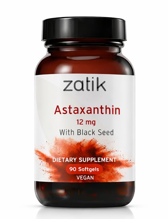 Zatik Naturals - Astaxanthin 12mg med organisk svart frø, antioksidant, 90 Vegan Softgels