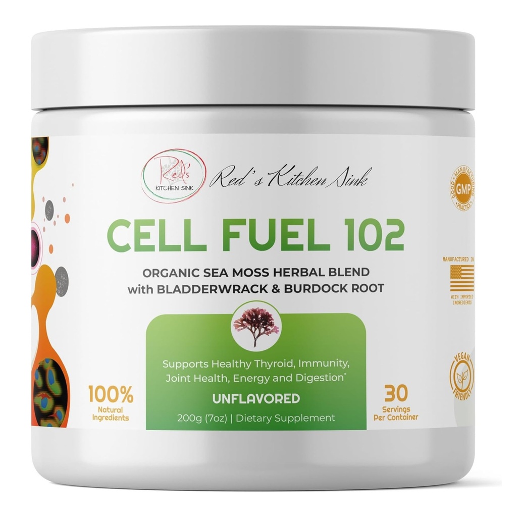 Red's Kjøkken Sink Cell brensel 102 - Organic Sea Moss pulver med Bladderwrack & Burdock Root | Dr. Sebi Inspirert Herbal blanding | Vegansk, Naturlig, 30 Serveringer (7oz)