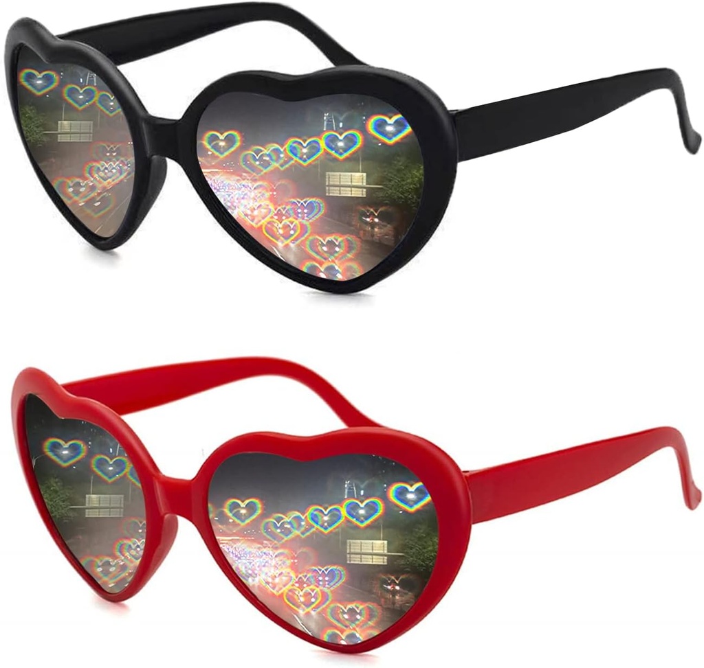 2 Pack hjerteformet Diffraksjonsbriller for kvinner, hjerte effekt solbriller er perfekt for Valentines dag tilbehør, Rave Fest, Bryllupsfest, Musical Aften, Fireworks show.