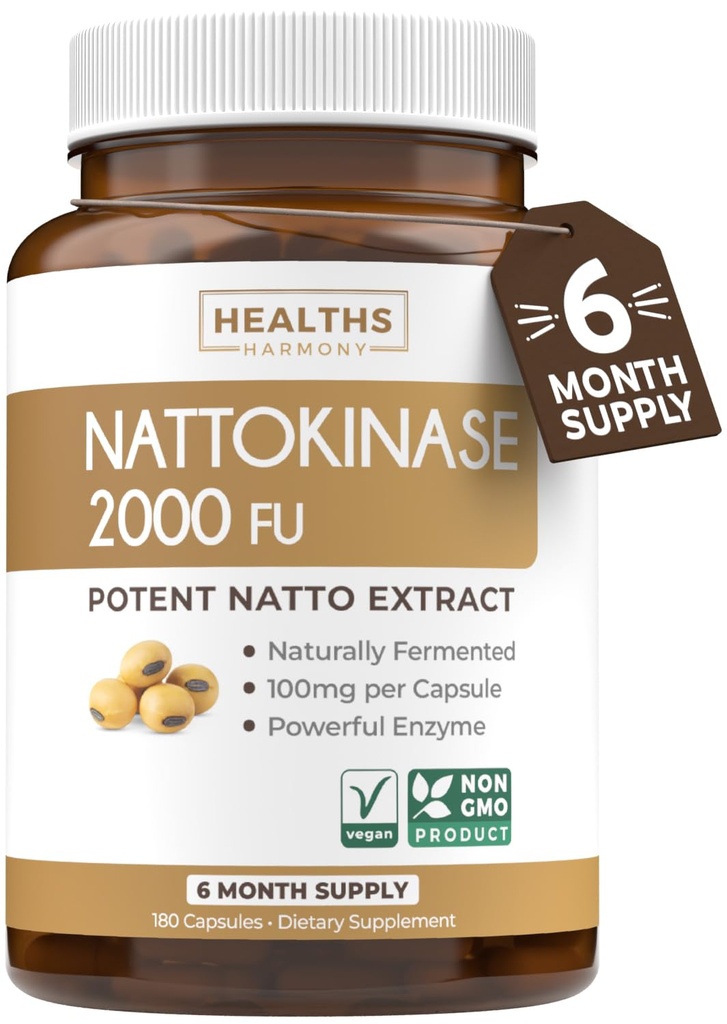 Helse Harmony Nattokinase 2000 FU (Non-GMO) Kraftig Nattokinase Supplement laget av naturlig fermentert soyabønner - (6 måneders forsyning) 180 Vegan Natto Kapsler