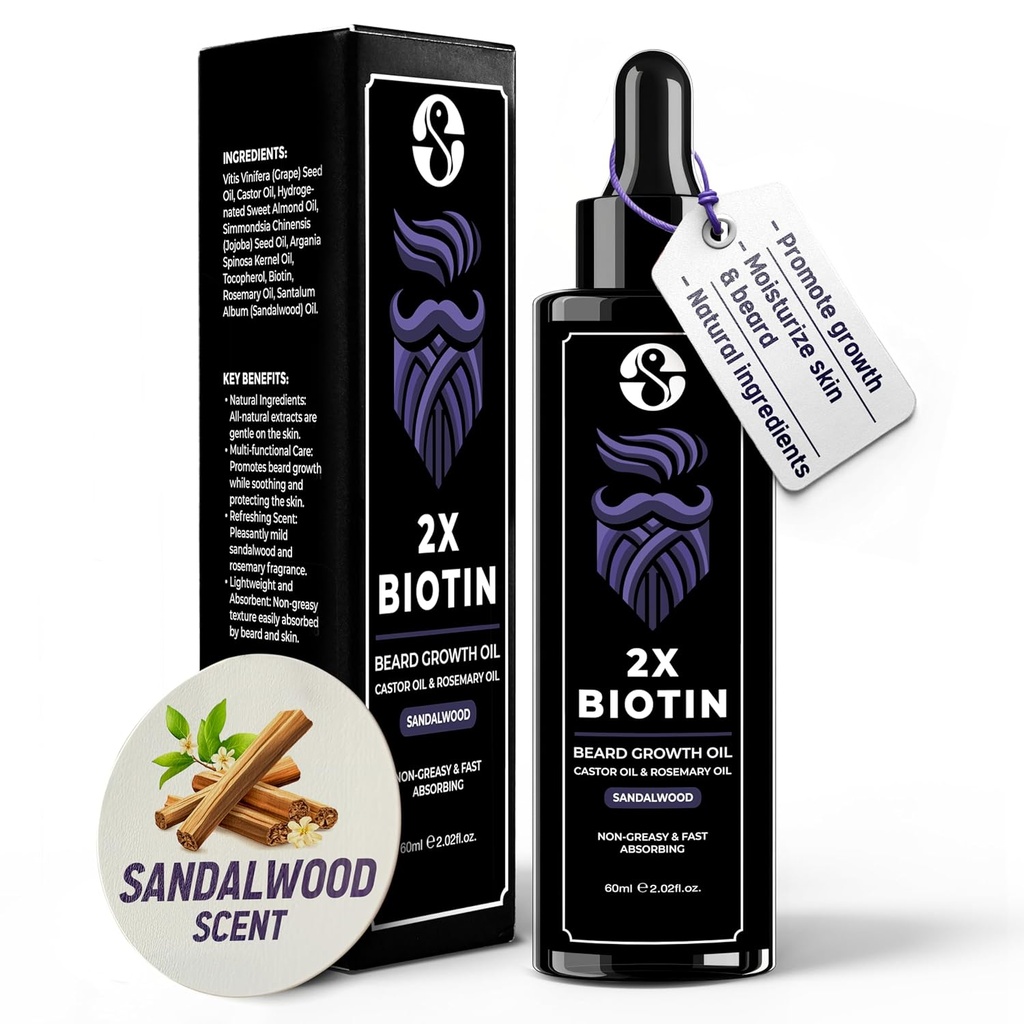 Biotin Konsentrasjon Beard Thickener & Softener - 2oz med Castor Olje, Rosemary Oil og vitaminer - Sandalwood Sent for menn