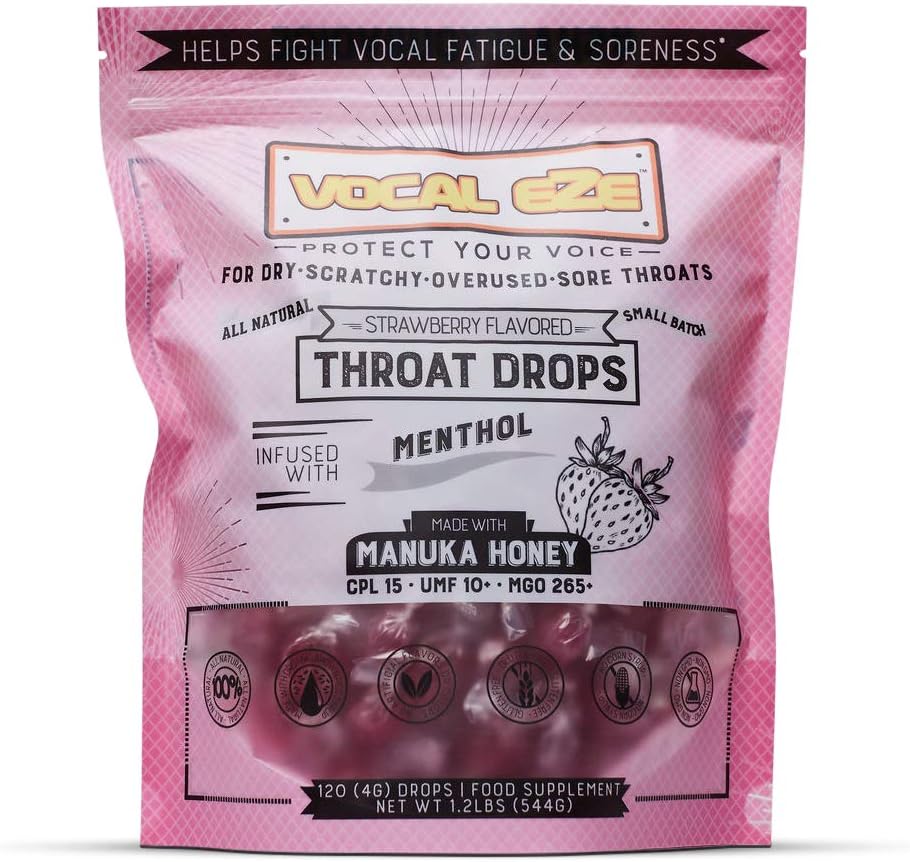 Vokal Eze Manuka Honning Strawberry UMF 10+ (MGO 265+) Menthol Cough Drops (120) | Lozenges for Sore, Hoarse, tretthet, Tørrhet av Throat | Stemmestøtte, Alle naturlige og organiske ingredienser